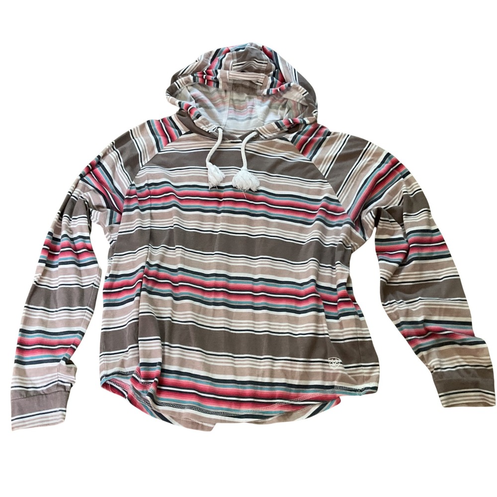 Ariat Womens Serape Stripe Lightweight Hoodie Tassel Drawstring Top Brown Pink L